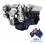FORD FALCON MUSTANG WINDSOR AU 5.0L & 5.8L SERPENTINE PULLEY/ BRACKET CONVERSION COMPLETE KIT WITH ALTERNATOR AIR CONDITIONING USING GM TYPE II POWER STEERING PUMP ALL INCLUSIVE - POLISHED FINISH